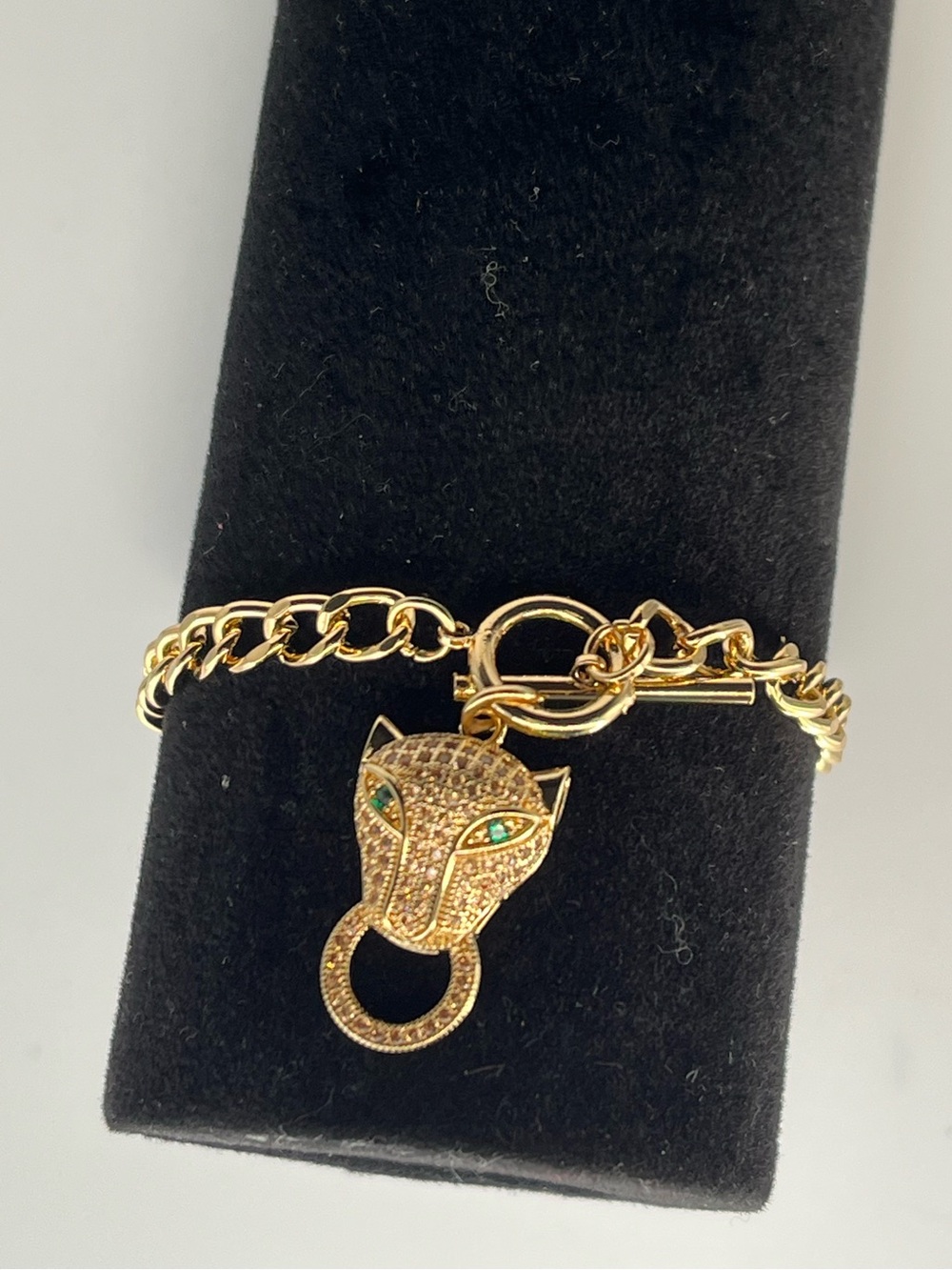 Gold Tone Panther Head Charm Chain Bracelet with Green Eyes